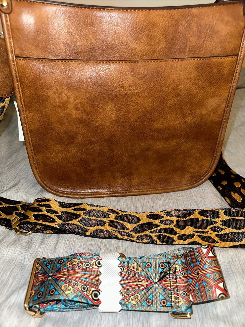 Women's Tan Leather Crossbody Bag with Removable Patterned Strap